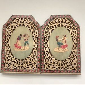 Gorgeous Artisan Semi-Antique Wood Inlay Handpainted Bookends